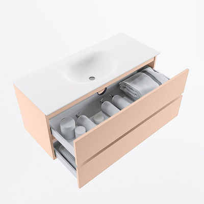 Mondiaz VICA Ensemble de meuble de salle de bain - 110cm - meuble sous vasque rosee - 2 tiroirs - lavabo moon milieu - 1 trou de robinet - version haute de 60cm - talc