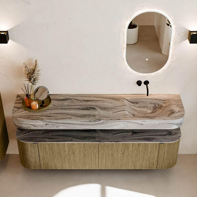 MONDIAZ THOR-DLUX 180cm meuble de salle de bains arrondi gauche + droite couleur Dusk avec 2 tiroirs et 2 portes. Vasque suspendue CLOUD Droite sans trou de robinet couleur Sombra.