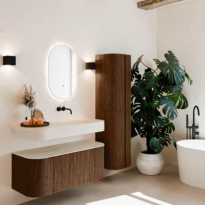 MONDIAZ THOR-DLUX Meuble de salle de bains - 110cm - arrondi gauche + droite - couleur Walnut - 1 tiroir - 2 portes - Vasque suspendue CLOUD droite sans trou de robinet - couleur Meli