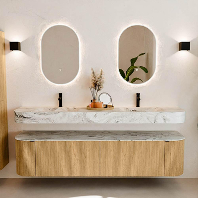MONDIAZ THOR-DLUX Meuble de salle de bains - 190cm - arrondi gauche + droite - couleur Oak - 2 tiroirs et 2 portes - Lavabo suspendu CLOUD Double 2 trous de robinet - couleur Glace