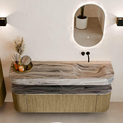 MONDIAZ THOR-DLUX 160cm meuble de salle de bains arrondi gauche + droite couleur Dusk avec 1 tiroir et 2 portes. Vasque suspendue CLOUD Droite sans trou de robinet couleur Sombra.