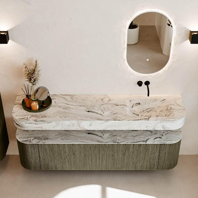 MONDIAZ THOR-DLUX 180cm meuble de salle de bains arrondi gauche + droite couleur Shadow avec 2 tiroirs et 2 portes. Vasque suspendue CLOUD Droite sans trou de robinet couleur Glace.