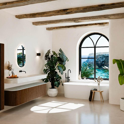 MONDIAZ THOR-DLUX 190cm badmeubel ronding links + rechts kleur Walnut met 2 lades en 2 deuren. Vrijhangende wastafel CLOUD Midden zonder kraangat kleur Opalo.