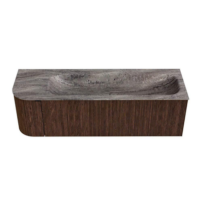 MONDIAZ KURVE-DLUX 145cm badmeubel ronding Links kleur Walnut met 1 lade en 1 deur. Wastafel BIG LARGE Rechts 1 kraangat Oza.