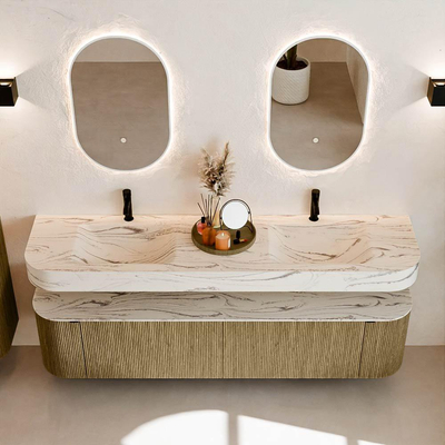 MONDIAZ THOR-DLUX Meuble de salle de bains - 190cm - arrondi gauche + droite - couleur Dusk - 2 tiroirs - 2 portes - Vasque suspendue CLOUD Double 2 trous de robinet - couleur Nata