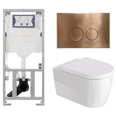 Duravit Me by Starck Ensemble WC – réservoir encastré avec mécanisme de chasse UP320 – abattant à fermeture ralentie (soft-close) – plaque de commande en métal cuivre – boutons ronds – métal cuivre