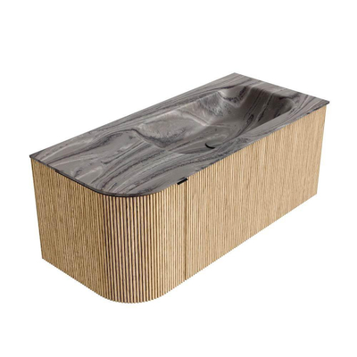 MONDIAZ KURVE-DLUX Meuble de salle de bains 105cm arrondi à gauche couleur Chêne avec 1 tiroir et 1 porte. Lavabo BIG SMALL à droite sans trou de robinet Sombra.