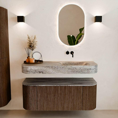 MONDIAZ THOR-DLUX 120cm badmeubel ronding links + rechts kleur Walnut met 1 lade en 2 deuren. Vrijhangende wastafel CLOUD Rechts zonder kraangat kleur Oza.