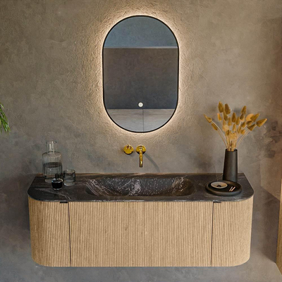 MONDIAZ KURVE-DLUX Meuble de salle de bains 130 cm avec module 25 Len R couleur Chêne avec 1 tiroir et 2 portes. Lavabo BIG SMALL central sans trou de robinet couleur Lava.