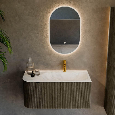 Mondiaz KURVE-DLUX Badkamermeubelset - 95x46x40cm - 1 lade - 1 deur - wastafel solid surface - rechts - 1 kraangat - Shadow