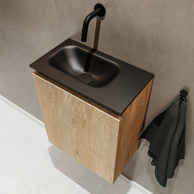 MONDIAZ TURE Fonteinset - 40x23x50cm - 0 kraangaten - 1 deur - washed oak mat - Wasbak links - Solid Surface Zwart