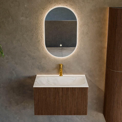 MONDIAZ KURVE-DLUX 70cm badmeubel kleur Walnut met 1 lade. Wastafel BIG SMALL midden 1 kraangat kleur Ostra.