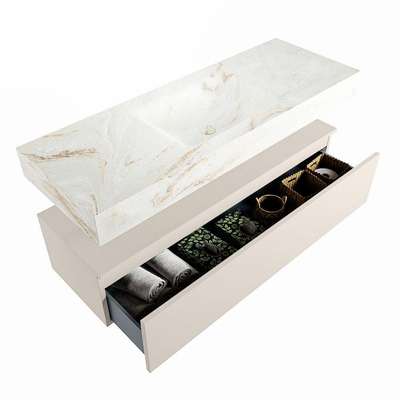 Mondiaz ALAN-DLUX Ensemble de meuble - 130cm - meuble Linen mat - 1 tiroir - Lavabo Cloud Frappe suspendu - vasque Centre - 0 trous de robinet
