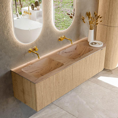 MONDIAZ KURVE-DLUX 155cm badmeubel ronding Rechts kleur Oak met 2 lades en 1 deur. Wastafel LEAF Dubbel / Links zonder kraangat Arena.