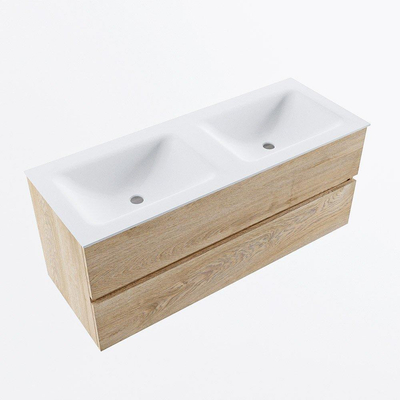 MONDIAZ VICA meuble sous lavabo 120cm Chêne blanchi 2 tiroirs. Lavabo CLOUD double 2 trous de robinet, couleur Talc.