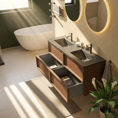 Saniclass Holz Frame Ensemble de meubles de salle de bains - 140x45x62cm - lavabo Vygo en céramique noir - 2 vasques - 2 trous de robinetterie - 4 tiroirs - walnut pure mat (bois)
