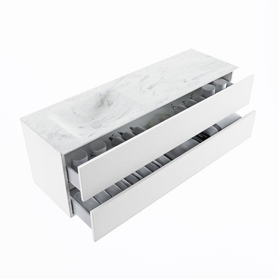 MONDIAZ VICA-DLUX Ensemble meuble de salle de bains - 150cm - meuble bas Talc - 2 tiroirs - lavabo encastré Cloud gauche - sans trous de robinet - version haute 60cm - Opalo