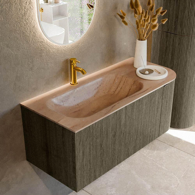 MONDIAZ KURVE-DLUX Meuble de salle de bains 105cm arrondi à droite couleur Shadow avec 1 tiroir et 1 porte. Lavabo BIG SMALL à gauche 1 trou de robinet Saba.