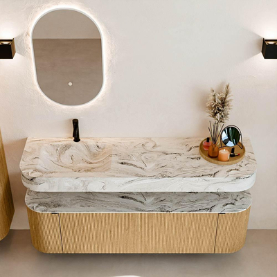 MONDIAZ THOR-DLUX 160cm meuble de salle de bains arrondi gauche + droite couleur Oak avec 1 tiroir et 2 portes. Vasque suspendue CLOUD Gauche 1 trou de robinet couleur Glace.