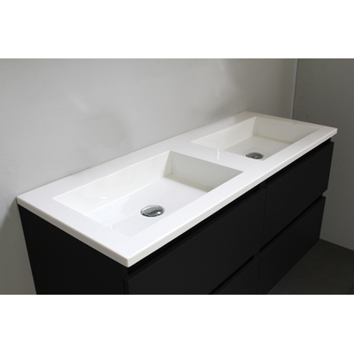Basic Bella Meuble salle de bains avec lavabo acrylique Blanc avec armoire toilette 2 portes gris 120x55x46cm sans trous de robinet Noir mat