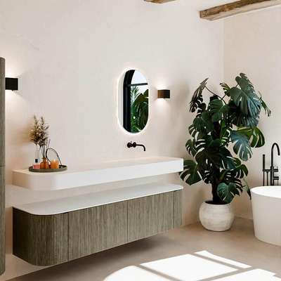 MONDIAZ THOR Meuble de salle de bains 180cm arrondi gauche + droite couleur Shadow avec 2 tiroirs et 2 portes. Vasque suspendue CLOUD Droite sans trou de robinet couleur Talc.