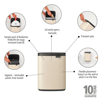 Brabantia Bo Poubelle - 7 litres - seau intérieur en plastique - beige doux
