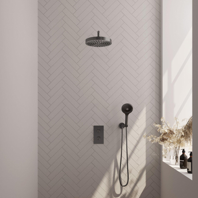 BRAUER Stripe Douche de tête thermostatique encastrée - 3 voies - rectangulaire - pomme de douche 25cm - bras mural courbé - douchette 3 positions - flexible de douche - coude mural - gunmetal brossé PVD