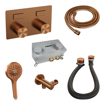 BRAUER Stripe Mitigeur thermostatique de baignoire - boutons-poussoirs - SET 03 - encastré - combinaison de remplissage de baignoire - douchette à main - flexible de douche - coude mural - cuivre brossé PVD