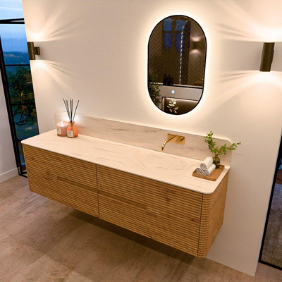 Mondiaz CIRO-DLUX Meuble de salle de bains - 180x45x50cm - Plan-vasque Solid surface Meli - 1 lavabo à droite - sans trous de robinet - 4 tiroirs - Chêne