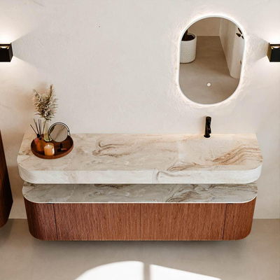 MONDIAZ THOR-DLUX 180cm meuble de salle de bains arrondi gauche + droite couleur Ruby avec 2 tiroirs et 2 portes. Vasque suspendue CLOUD Droite 1 trou de robinet couleur Frappe.