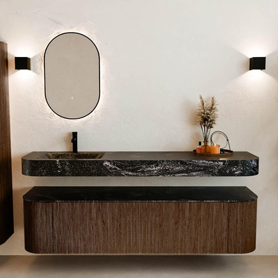 MONDIAZ THOR-DLUX 180cm meuble de salle de bains arrondi gauche + droite couleur Walnut avec 2 tiroirs et 2 portes. Vasque suspendue CLOUD gauche 1 trou de robinet couleur Lava.