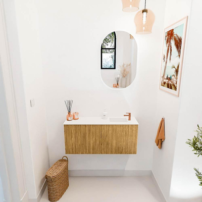 Mondiaz JOYA 90cm toiletmeubel - kleur Oak - Wastafel FAYE positie Rechts 1 kraangat kleur Talc.