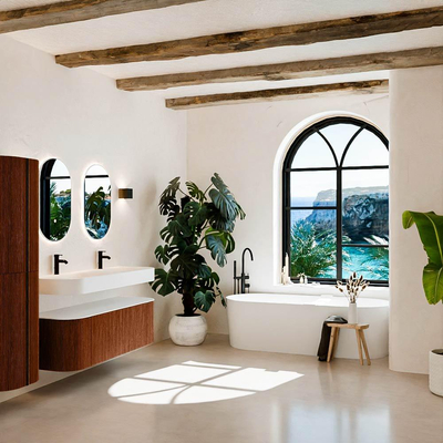 MONDIAZ THOR 140cm meuble de salle de bains arrondi gauche + droite couleur Ruby avec 1 tiroir et 2 portes. Vasque suspendue CLOUD Double 2 trous de robinet couleur Talc.