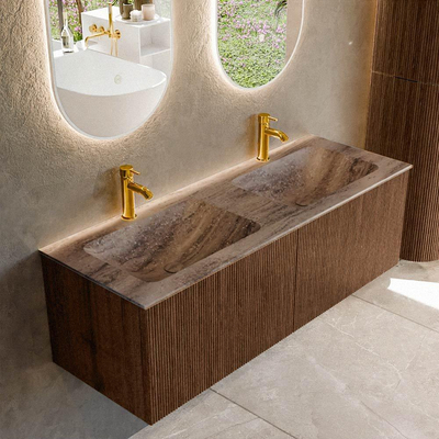 MONDIAZ KURVE-DLUX 130cm badmeubel kleur Walnut met 2 lades en 0 deuren. Wastafel LEAF Dubbel 2 kraangaten Oza.