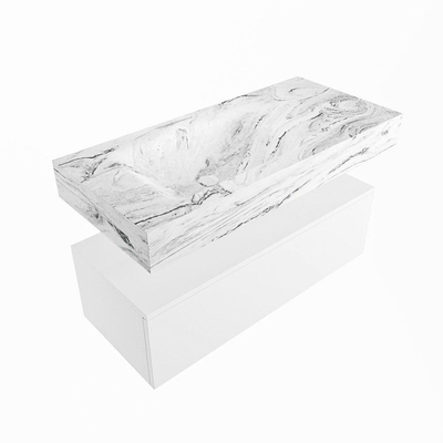 Mondiaz ALAN-DLUX Ensemble de meuble - 100cm - meuble Talc mat - 1 tiroir - Lavabo Cloud Glace suspendu - vasque Gauche - 0 trous de robinet