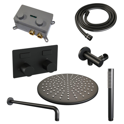 BRAUER Black Carving Douche de pluie thermostatique encastrée - boutons-poussoirs - SET 52 - douche de tête 30cm - bras mural courbé - douchette stick - flexible de douche - coude de raccordement mural - noir mat