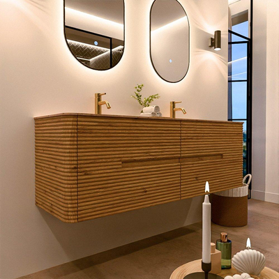 Mondiaz CIRO-DLUX Badkamermeubelset - 150x45x50cm - Solid surface wastafel Saba - 2 wasbak Dubbel - 2 kraangaten - 4 lades - Oak