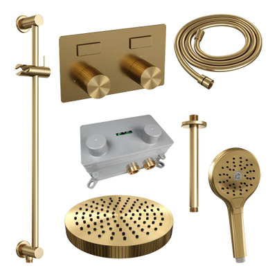 BRAUER Stripe Thermostatische Inbouw Regendouche - drukknoppen - 25cm douchekop - plafondarm - 3-standen handdouche - doucheslang - geïntegreerde glijstang - goud geborsteld PVD