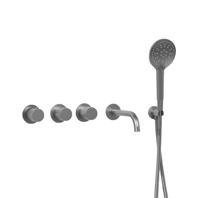 Fortifura Nebbio Ensemble combiné bain - mitigeur thermostatique - coude mural avec support de douchette - flexible de douche lisse - douchette ronde - bec - inox brossé