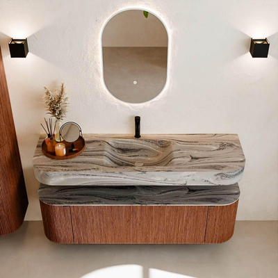 MONDIAZ THOR-DLUX 150cm meuble de salle de bains arrondi gauche + droite couleur Ruby avec 1 tiroir et 2 portes. Vasque suspendue CLOUD Milieu 1 trou de robinet couleur Sombra.