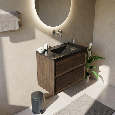 Saniclass Holz Frame Ensemble de meuble de salle de bains - 80x45x62cm - Vygo lavabo en céramique noir - 1 vasque - sans trou de robinet - 2 tiroirs - chêne charcoal mat (bois)