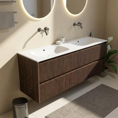 Saniclass Holz Atelier Ensemble meuble de salle de bains - 160x45x61.5cm - Flow lavabo en solid surface blanc - 2 vasques - sans trous de robinetterie - 4 tiroirs - chêne charcoal mat (bois)