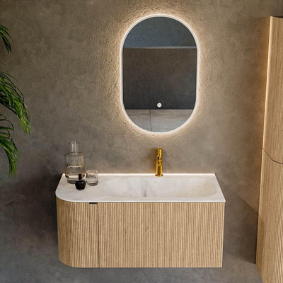 MONDIAZ KURVE-DLUX Meuble de salle de bains 95 cm avec module 25 L couleur Oak avec 1 tiroir et 1 porte. Lavabo BIG SMALL à droite 1 trou de robinet couleur Frappe.
