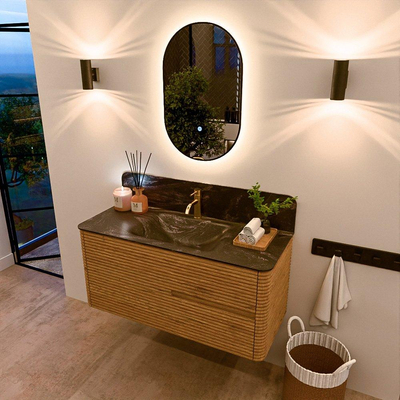 Mondiaz CIRO-DLUX Badkamermeubelset - 110x45x50cm - Solid surface wastafel Lava - 1 wasbak Midden - 1 kraangat - 2 lades - Oak
