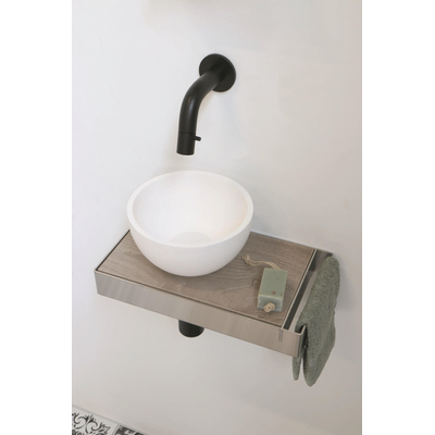Ink Jazz XS fontein – rond – 36x20 cm – polystone wit mat – waskom links – frame RVS en plateau eiken greige