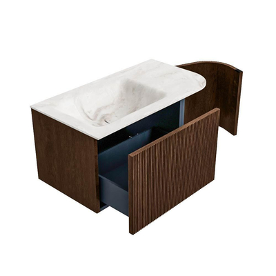 MONDIAZ KURVE-DLUX Meuble de salle de bains 85 cm avec module 25 R couleur Walnut avec 1 tiroir et 1 porte. Lavabo CLOUD gauche sans trou de robinet couleur Frappe.