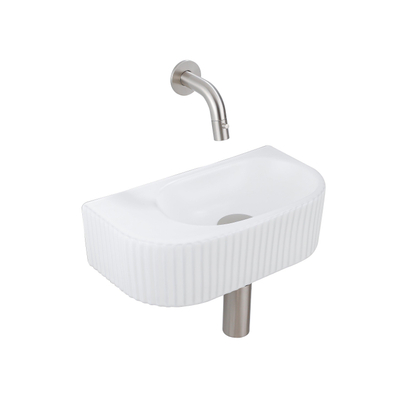 QeramiQ Fuente pack lave-mains – demi-rond – 40 x 21,5 x 12 cm – céramique blanc mat – robinet inox brossé – cannelé