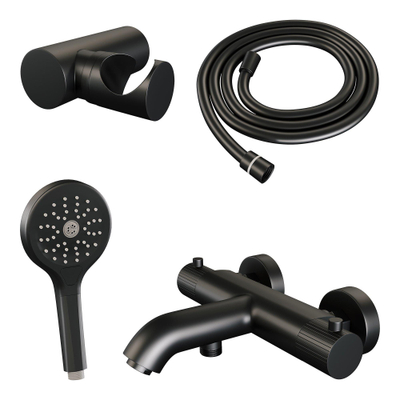BRAUER Stripe Baddouche Thermostaatkraan SET 04 - opbouw - wandhouder - 3-standen handdouche - doucheslang - mat zwart
