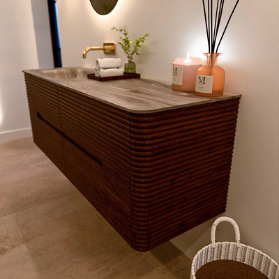 Mondiaz CIRO-DLUX Badkamermeubelset - 140x45x50cm - Solid surface wastafel Sombra - 1 wasbak Links - zonder kraangaten - 4 lades - Ruby