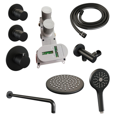 Brauer Black Edition Ensemble de douche pluie encastré - douche principale 20cm - bras mural - avec partie encastrable - boutons lisses - douchette ronde 1 fonction - noir mat